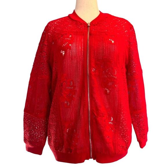 So Pretty! Chico's RED Lace Jacket Unlined Metal Zipper Close Ribbed Knit Trim 3 - Picture 1 of 5